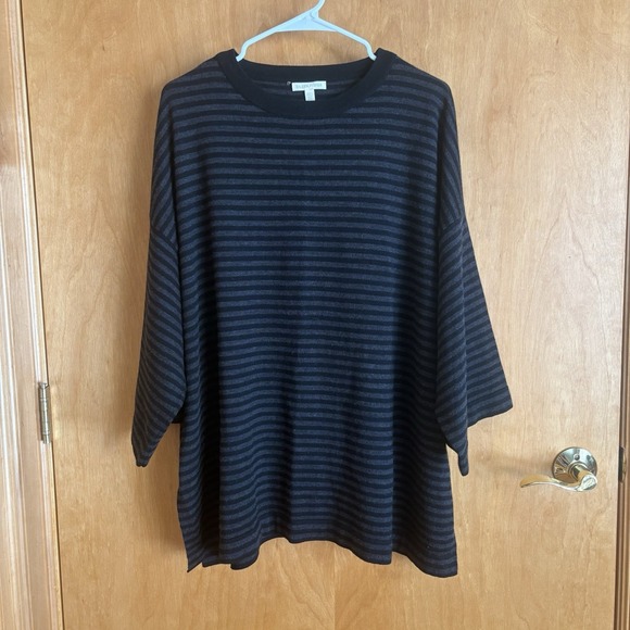 Eileen Fisher Wool Sweater Jumper Womens S/M Gray Stripe Short Sleeve Boxy - Picture 1 of 10